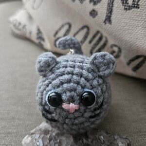 Handmade Crochet Knit Gray Mouse Keychain